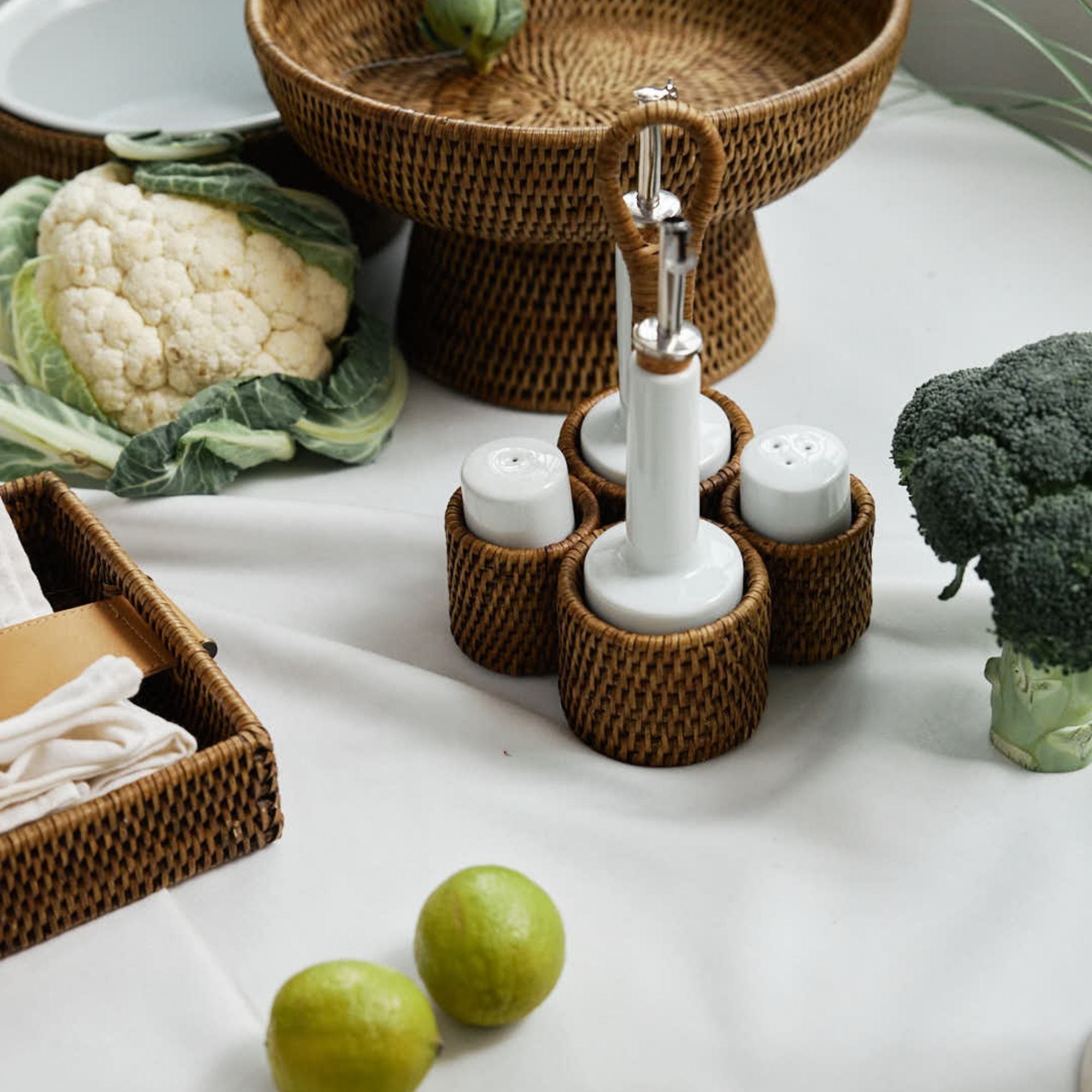 Rattan  Oil, Vinegar, Salt, And Pepper Shaker Set 